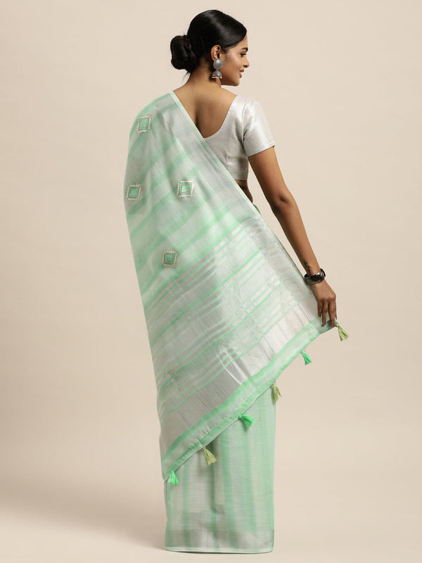 Women's Green Linen Woven Work Traditional Tassle Saree - Sangam Prints