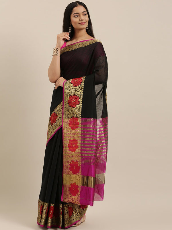 Women's Black Cotton Handloom Woven Work Traditional Saree - Sangam Prints