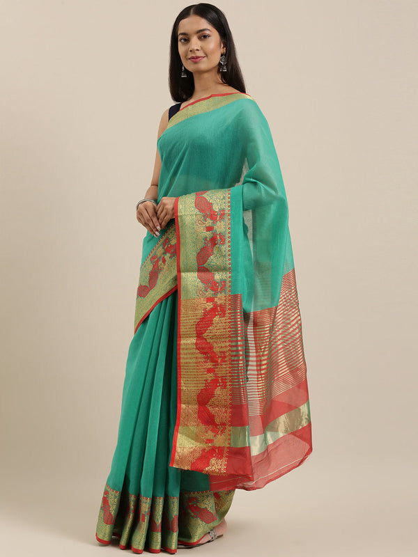 Women's Green Cotton Handloom Woven Work Traditional Saree - Sangam Prints