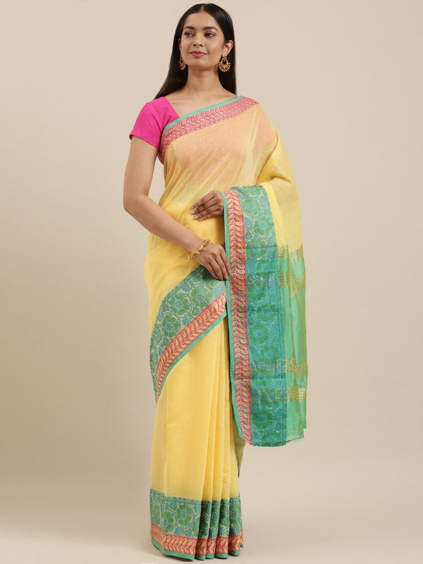 Women's Prints Yellow Cotton Handloom Woven Work Traditional Saree - Sangam Prints