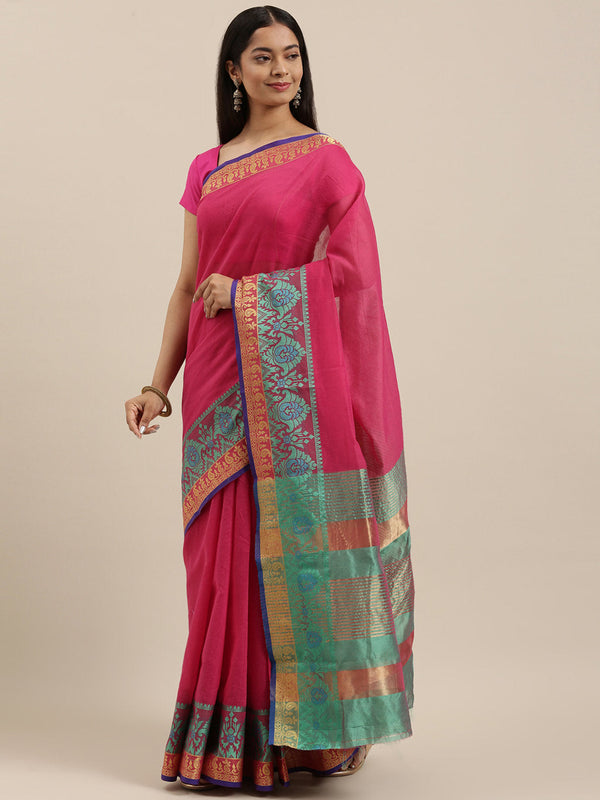 Women's Pink Cotton Handloom Woven Work Traditional Saree - Sangam Prints