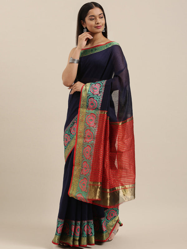 Women's Navy Blue Cotton Handloom Woven Work Traditional Saree - Sangam Prints