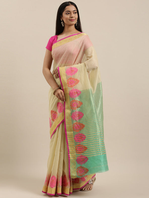 Women's Beige Cotton Handloom Woven Work Traditional Saree - Sangam Prints