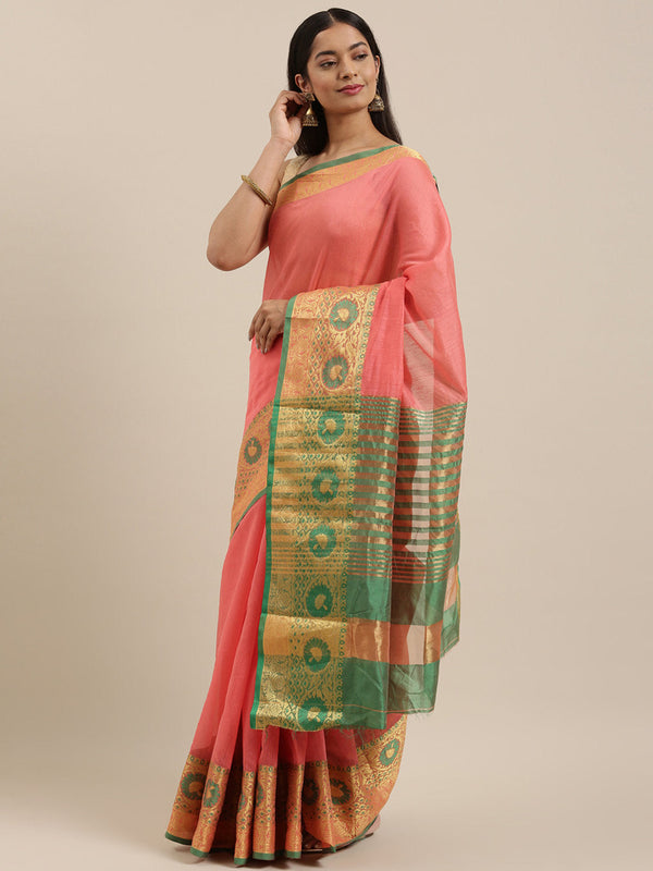 Women's Peach Cotton Handloom Woven Work Traditional Saree - Sangam Prints