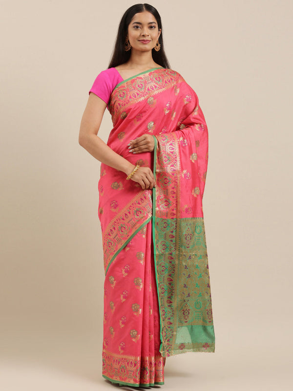 Women's Pink Heavy Banarasi Silk Woven Work Traditional Saree - Sangam Prints