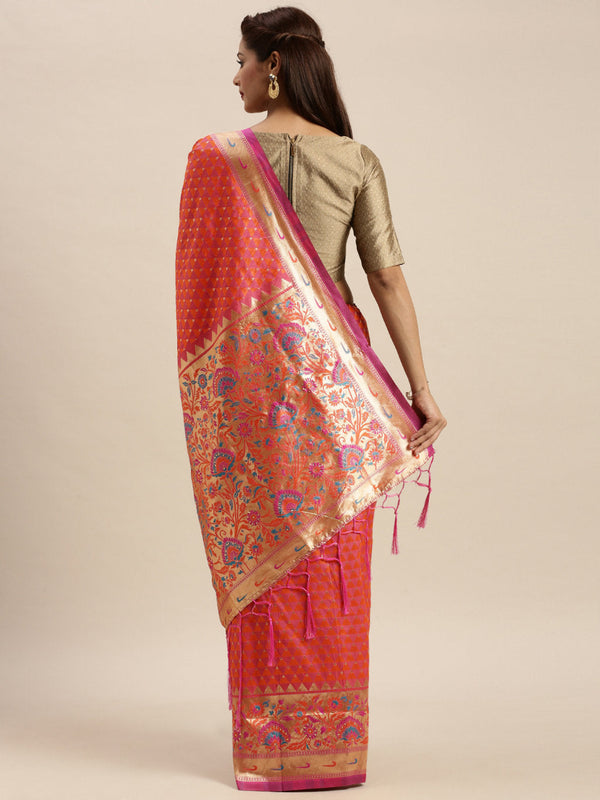 Women's Orange Silk Stonework Traditional Saree - Sangam Prints