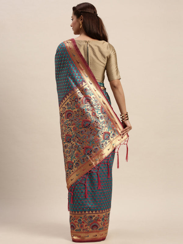 Women's Peacock Blue Silk Stonework Traditional Saree - Sangam Prints