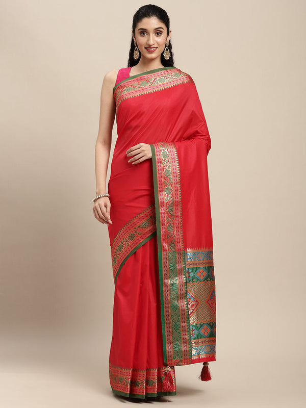 Women's Red Silk Woven Work Traditional Tassle Saree - Sangam Prints