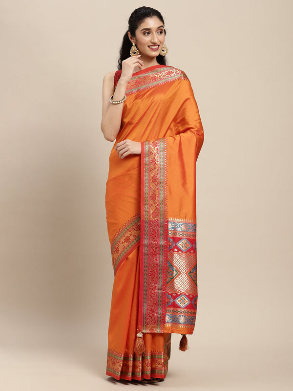 Women's Orange Silk Woven Work Traditional Tassle Saree - Sangam Prints