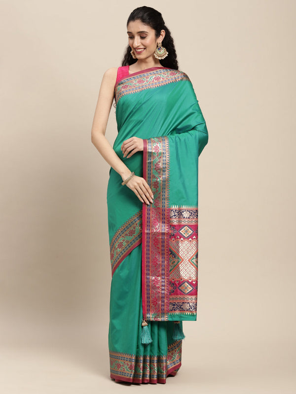 Women's Rama Green Silk Woven Work Traditional Tassle Saree - Sangam Prints