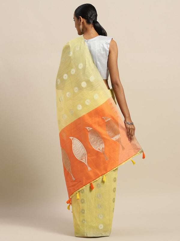 Women's Yellow Linen Cotton Zari Work Traditional Saree - Sangam Prints