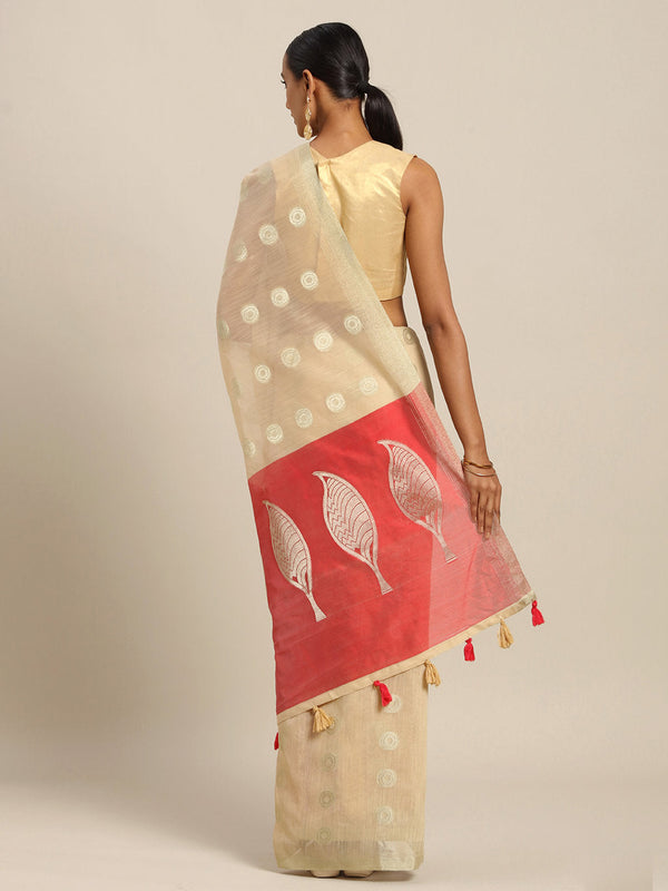 Women's Cream Linen Cotton Zari Work Traditional Saree - Sangam Prints