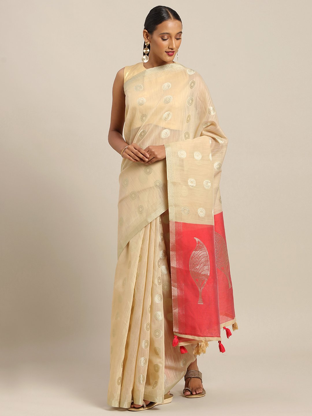 Women's Prints Linen Cotton Zari Work Traditional Saree - Sangam Prints