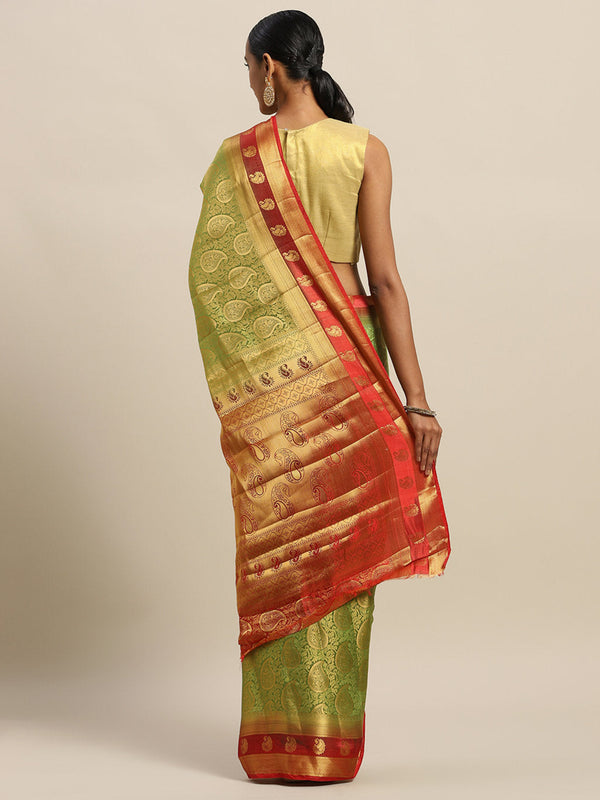 Women's Parrot Green Silk Jacquard Traditional Saree - Sangam Prints