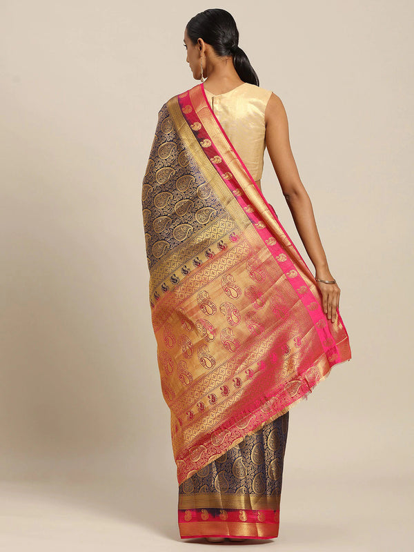 Women's Blue Silk Jacquard Traditional Saree - Sangam Prints