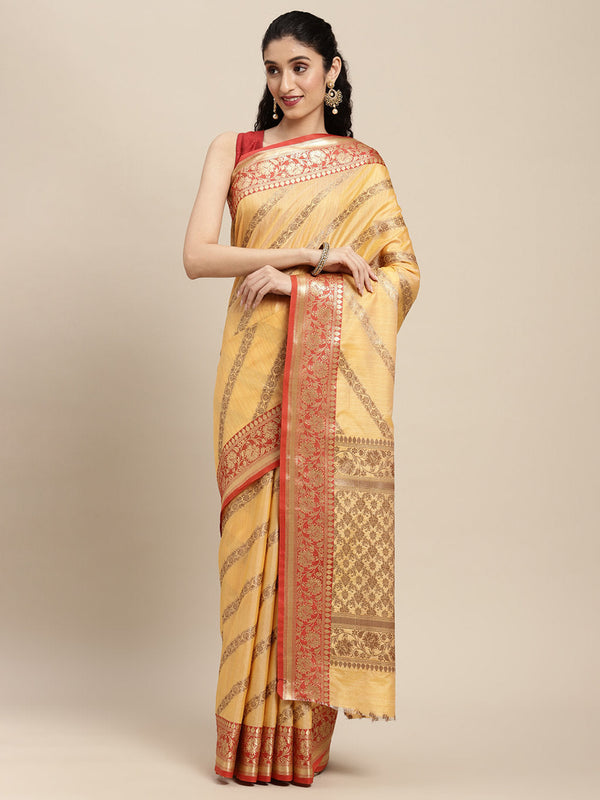 Women's Yellow Silk Woven Work Traditional Saree - Sangam Prints