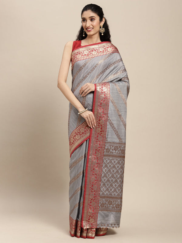 Women's Grey Silk Woven Work Traditional Saree - Sangam Prints