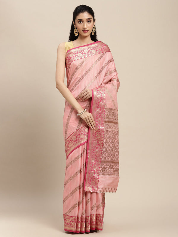 Women's Pink Silk Woven Work Traditional Saree - Sangam Prints