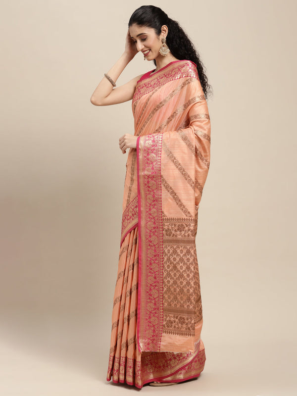 Women's Peach Silk Woven Work Traditional Saree - Sangam Prints