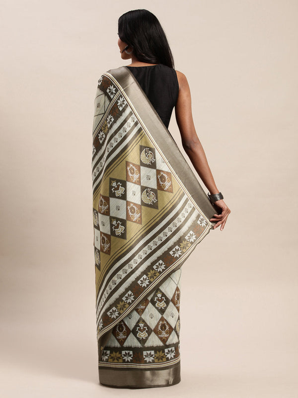 Women's Cream Cotton Woven Work Traditional Saree - Sangam Prints