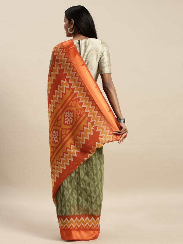 Women's Prints Olive Green Cotton Woven Work Traditional Saree - Sangam Prints