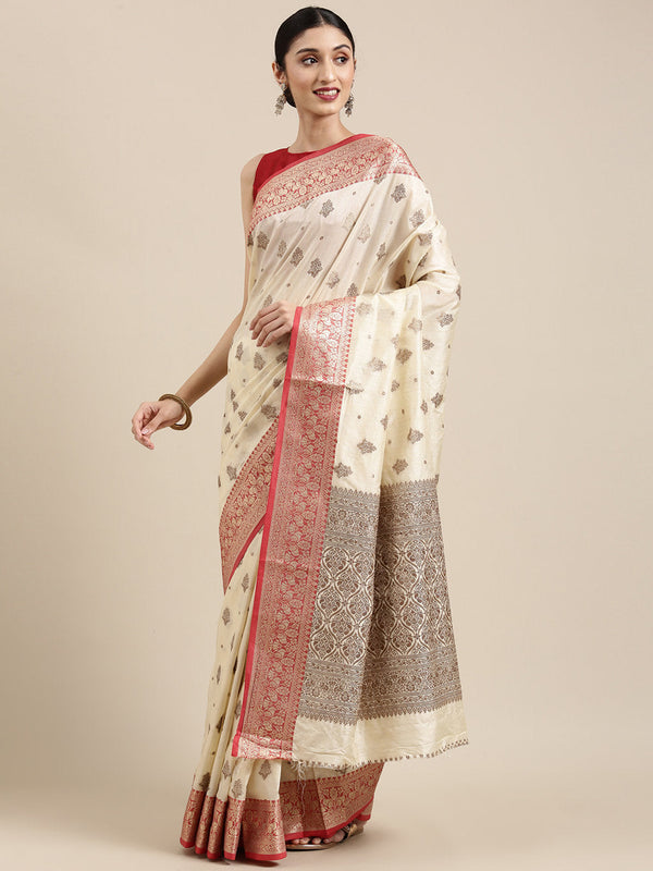 Women's Off White Cotton Handloom Woven Work Traditional Saree - Sangam Prints