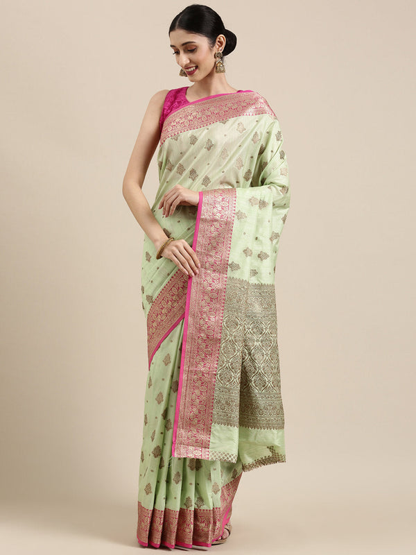 Women's Light Green Cotton Handloom Woven Work Traditional Saree - Sangam Prints