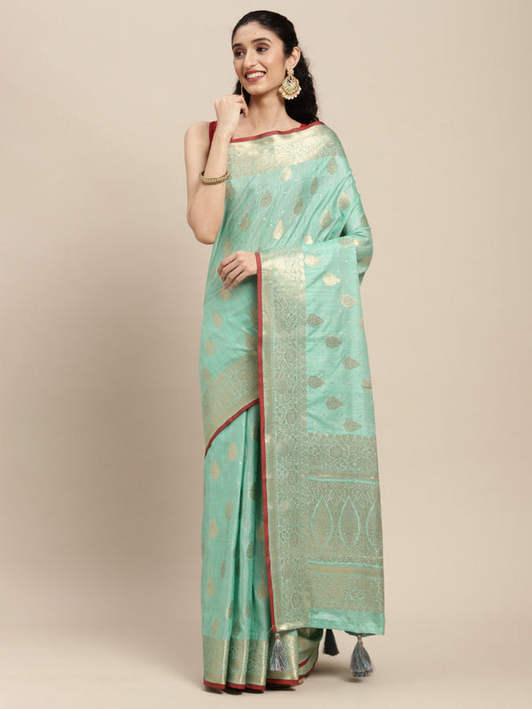 Women's Rama Silk Woven Work Traditional Tassle Saree - Sangam Prints