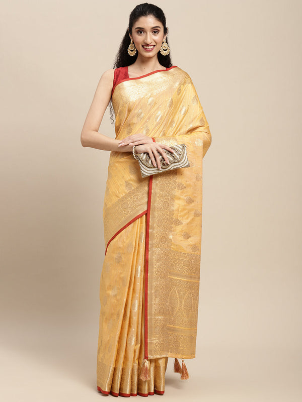 Women's Yellow Silk Woven Work Traditional Tassle Saree - Sangam Prints