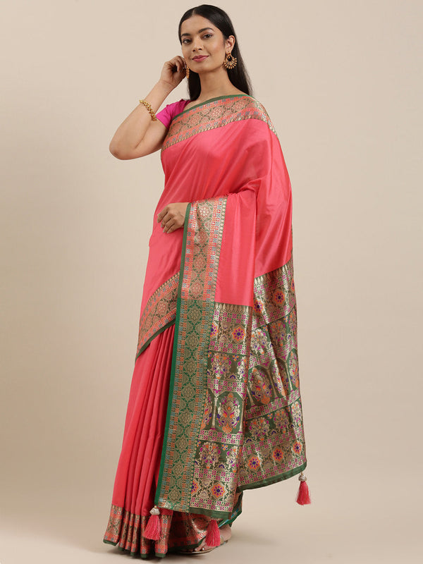 Women's Peach Silk Woven Work Traditional Tassle Saree - Sangam Prints