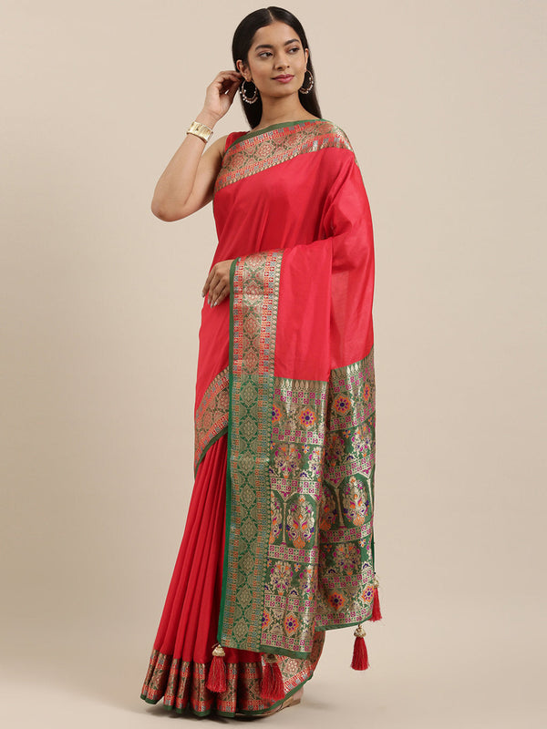 Women's Red Silk Woven Work Traditional Tassle Saree - Sangam Prints