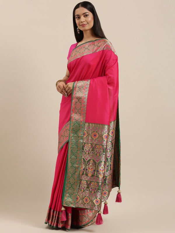 Women's Magenta Silk Woven Work Traditional Tassle Saree - Sangam Prints