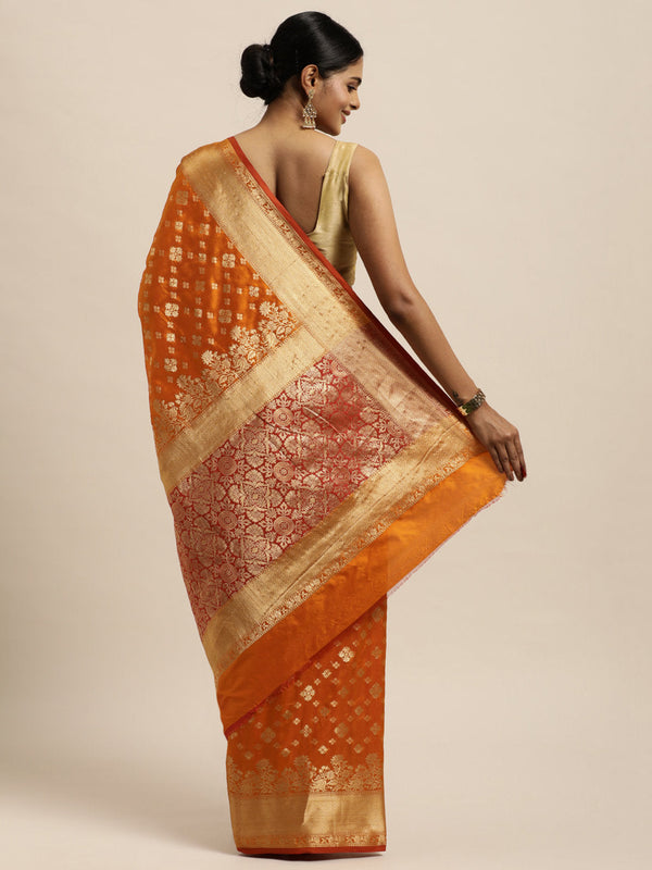 Women's Orange Silk Woven Rich Pallu Work Traditional Saree - Sangam Prints