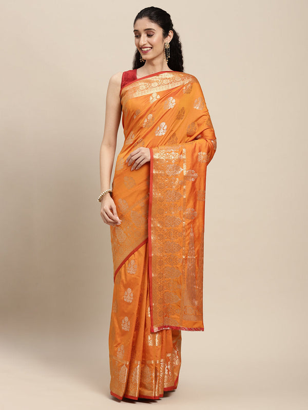 Women's Orange Silk Woven Work Traditional Saree - Sangam Prints