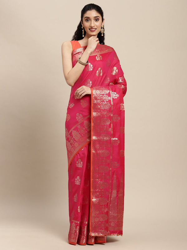 Women's Pink Silk Woven Work Traditional Saree - Sangam Prints