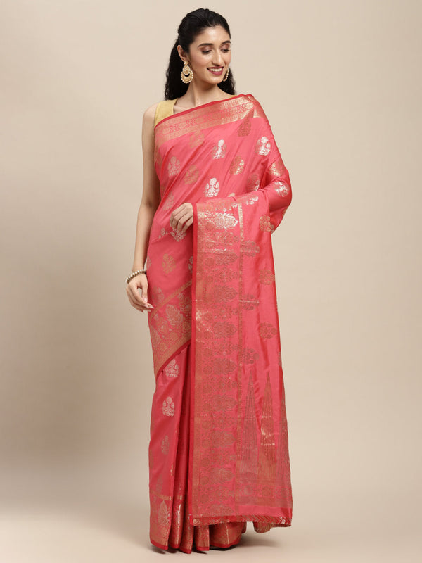 Women's Pink Silk Woven Work Traditional Saree - Sangam Prints