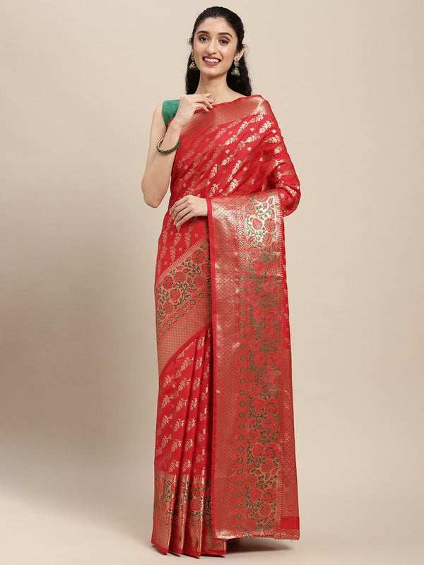 Women's Peach Silk Woven Work Traditional Saree - Sangam Prints