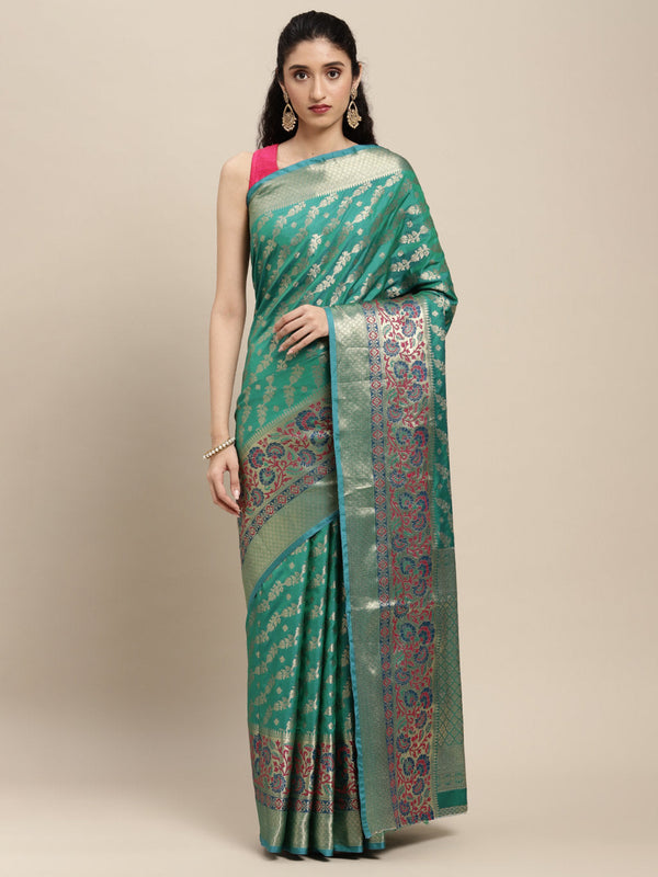 Women's Dark Green Silk Woven Work Traditional Saree - Sangam Prints