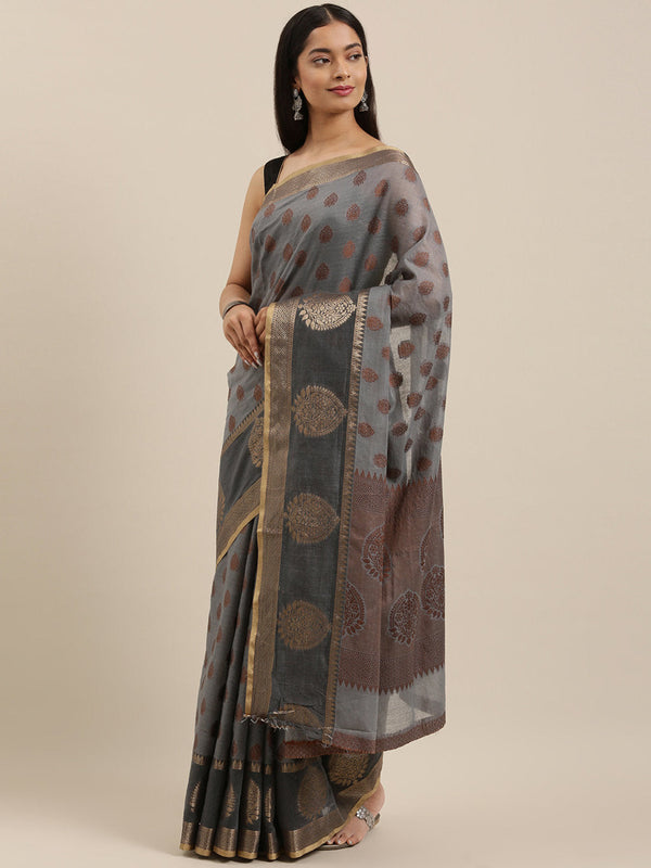 Women's Grey Cotton Handloom Woven Work Traditional Saree - Sangam Prints