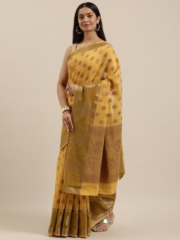 Women's Yellow Cotton Handloom Woven Work Traditional Saree - Sangam Prints