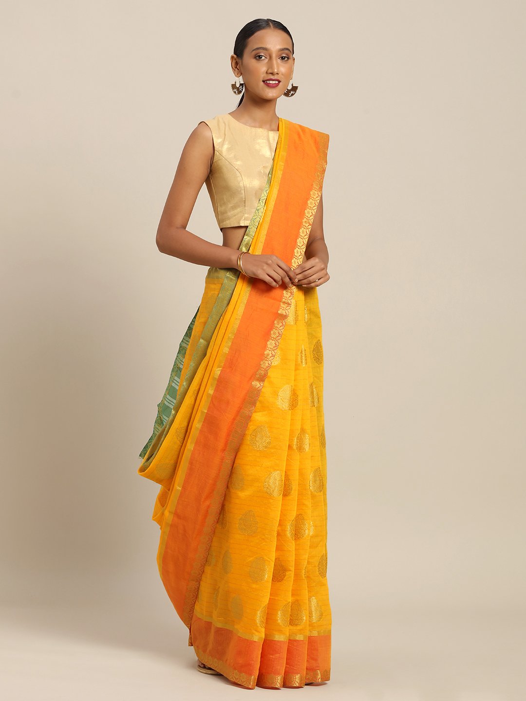 Women's Prints Orange Cotton Handloom Woven Work Traditional Saree - Sangam Prints