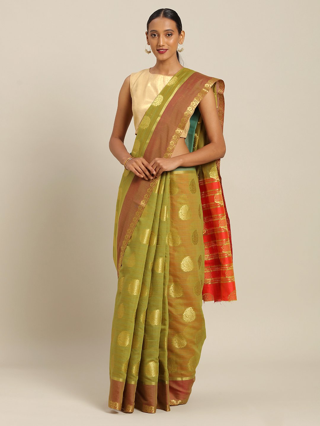 Women's Prints Orange Cotton Handloom Woven Work Traditional Saree - Sangam Prints