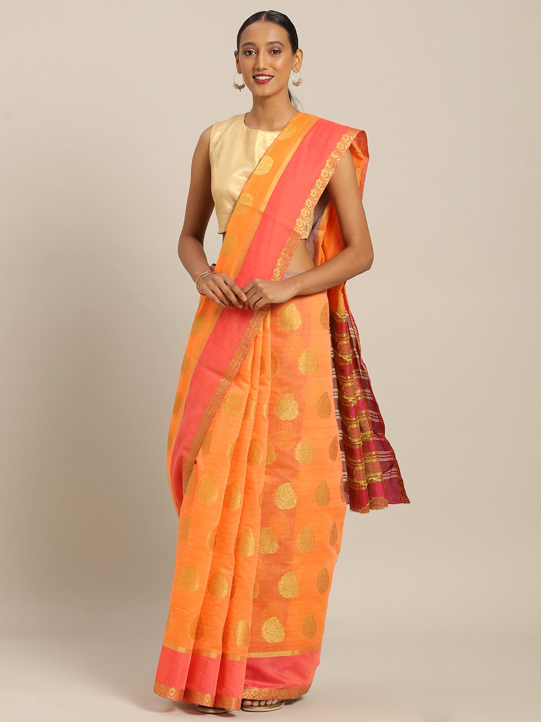 Women's Prints Orange Cotton Handloom Woven Work Traditional Saree - Sangam Prints