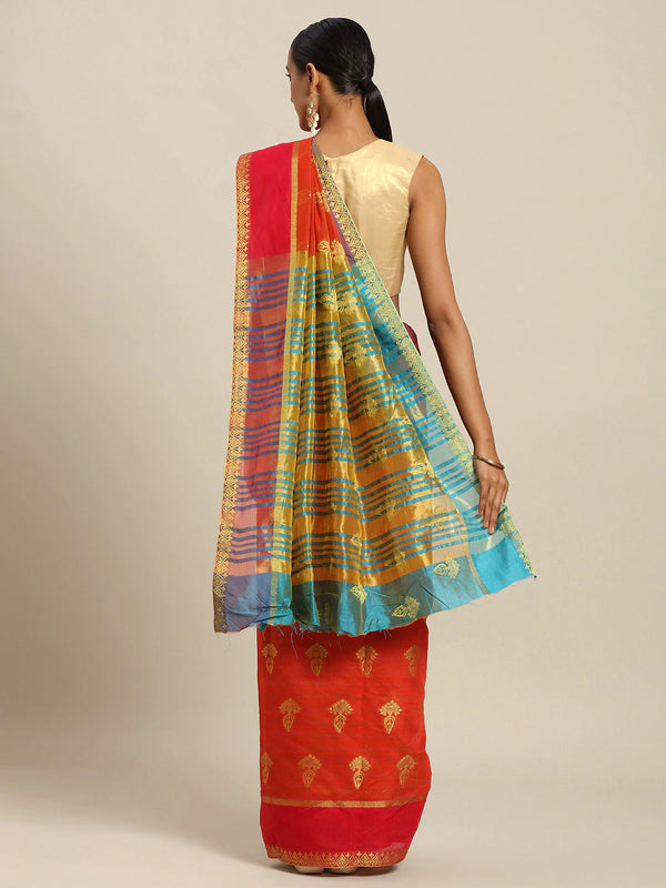 Women's Rusk Red Cotton Handloom Woven Work Traditional Saree - Sangam Prints