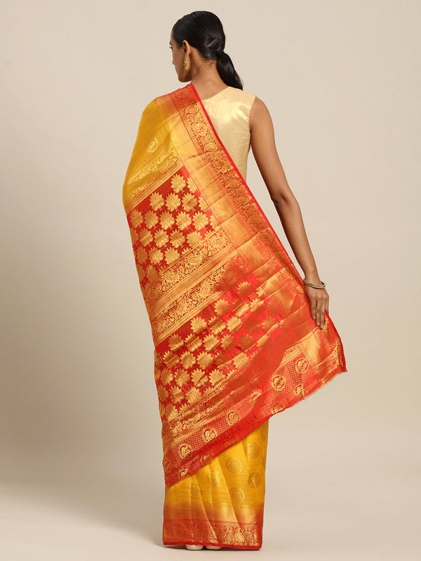 Women's Yellow Silk Jacquard Traditional Saree - Sangam Prints