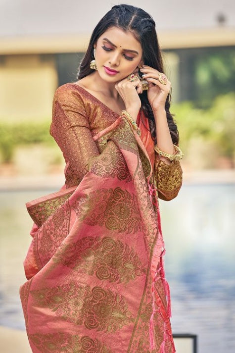 Women's Blush Pink Organza Saree - Karagiri