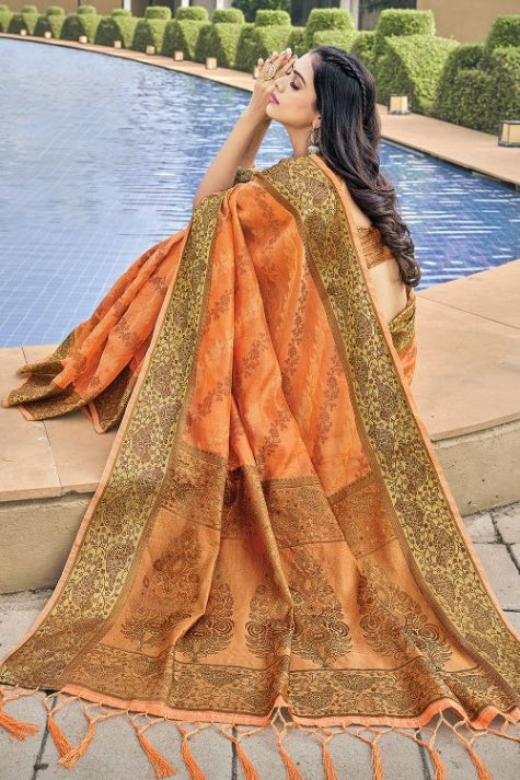 Women's Amber Orange Organza Saree - Karagiri