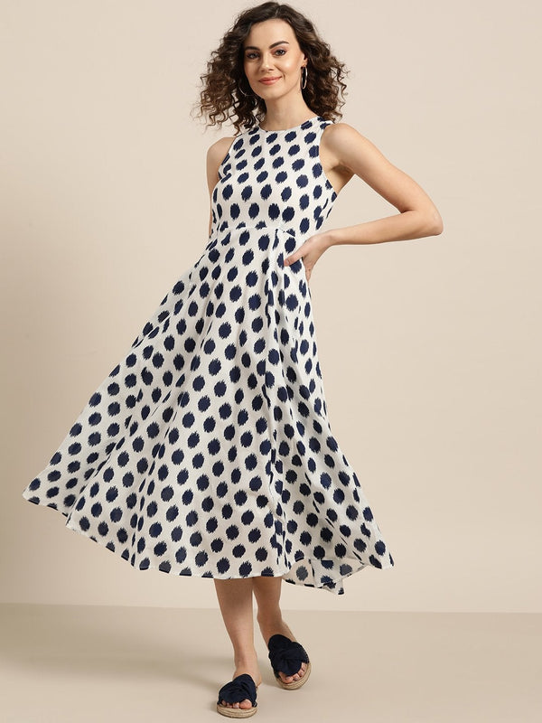 Women's Navy Polka Deep Cut Sleeveless Dress - SASSAFRAS