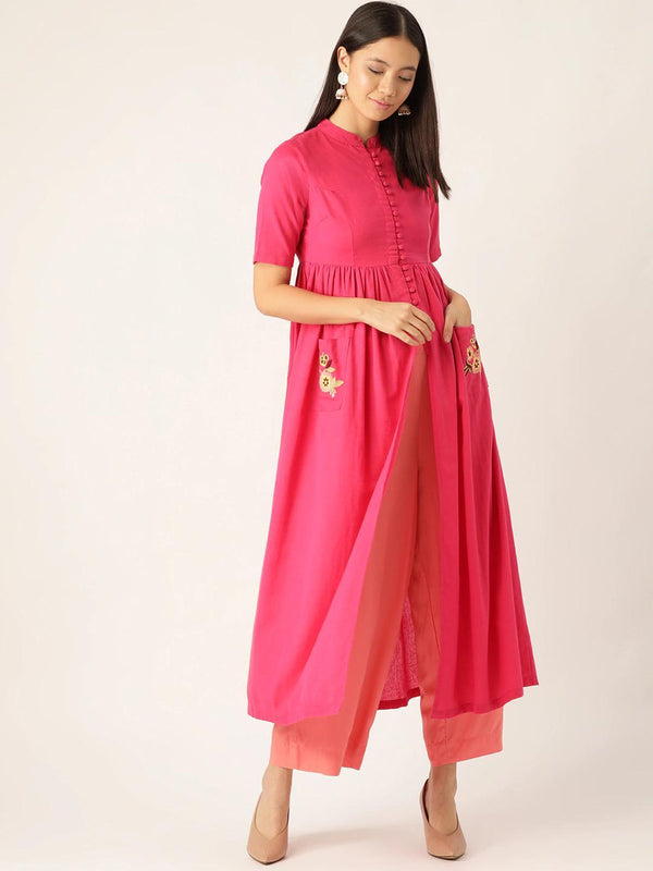 Women's Pink Embroidered Pocket Gatherd Kurta - SHAE