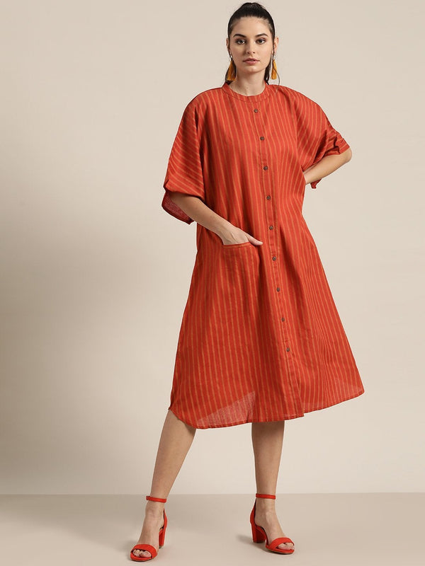 Women's Rust Stripe Front Button Kaftan Dress - SHAE